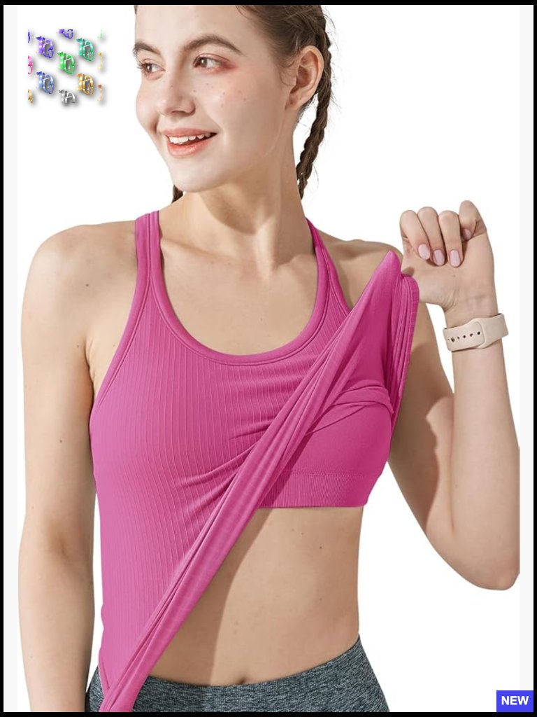 Racerback Tank Top With Built In Bra Seamless Ribbed Workout Yoga Athletic